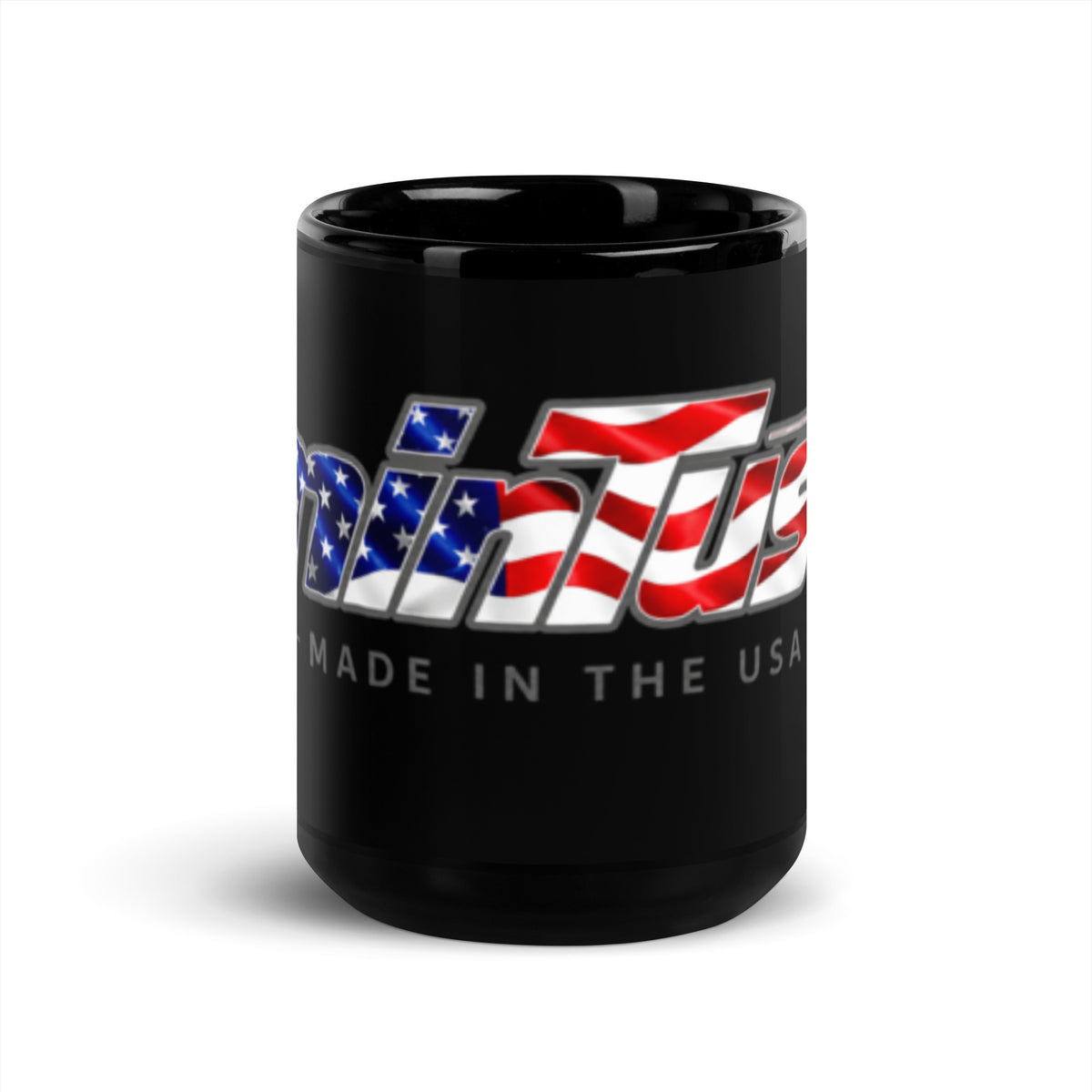 minTusa Star Spangled Black Glossy 15 oz Mug with American-flag wordmark — Black 15 Oz Front