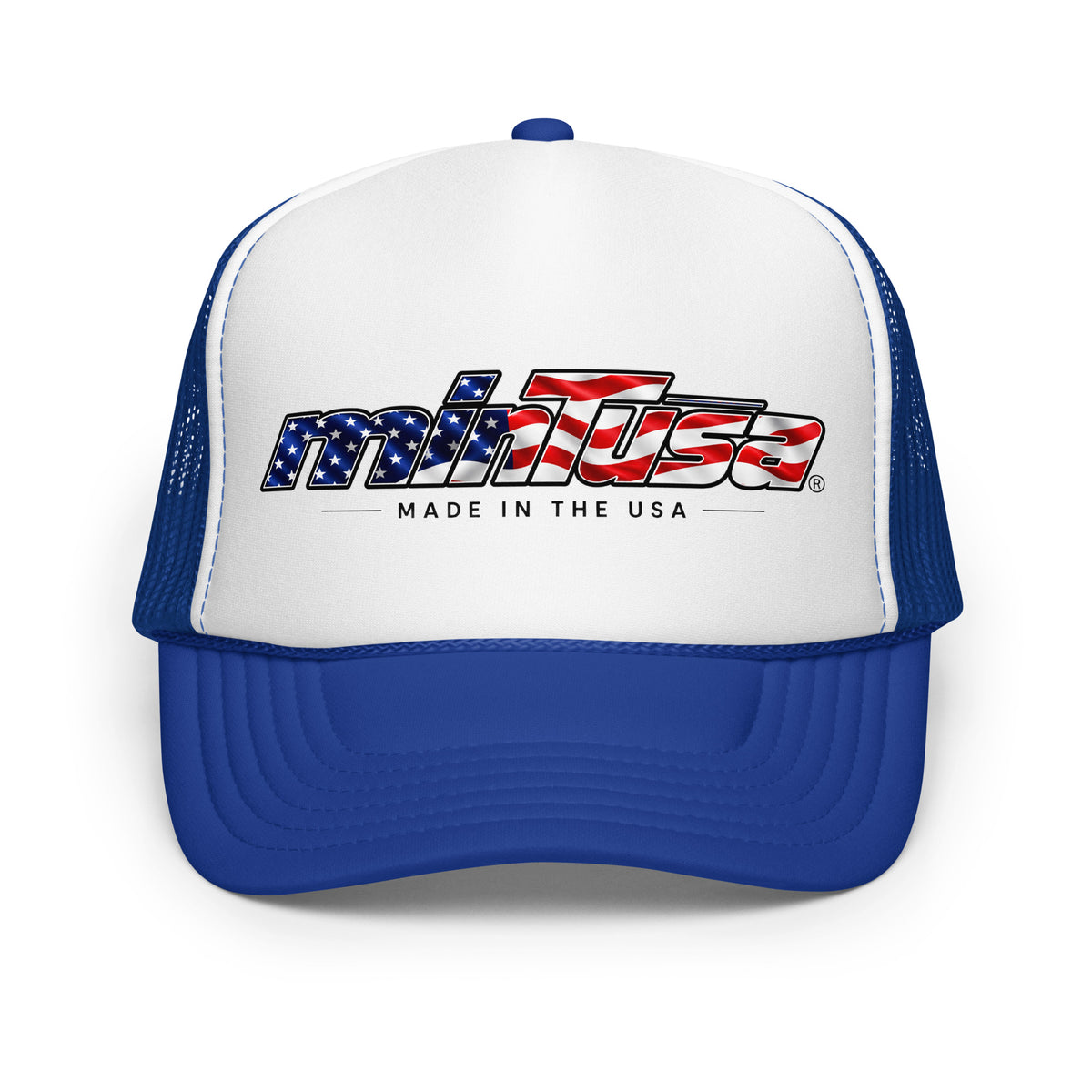 minTusa Star Spangled Foam Trucker Hat with American-flag wordmark — Royal White Royal One Size Front