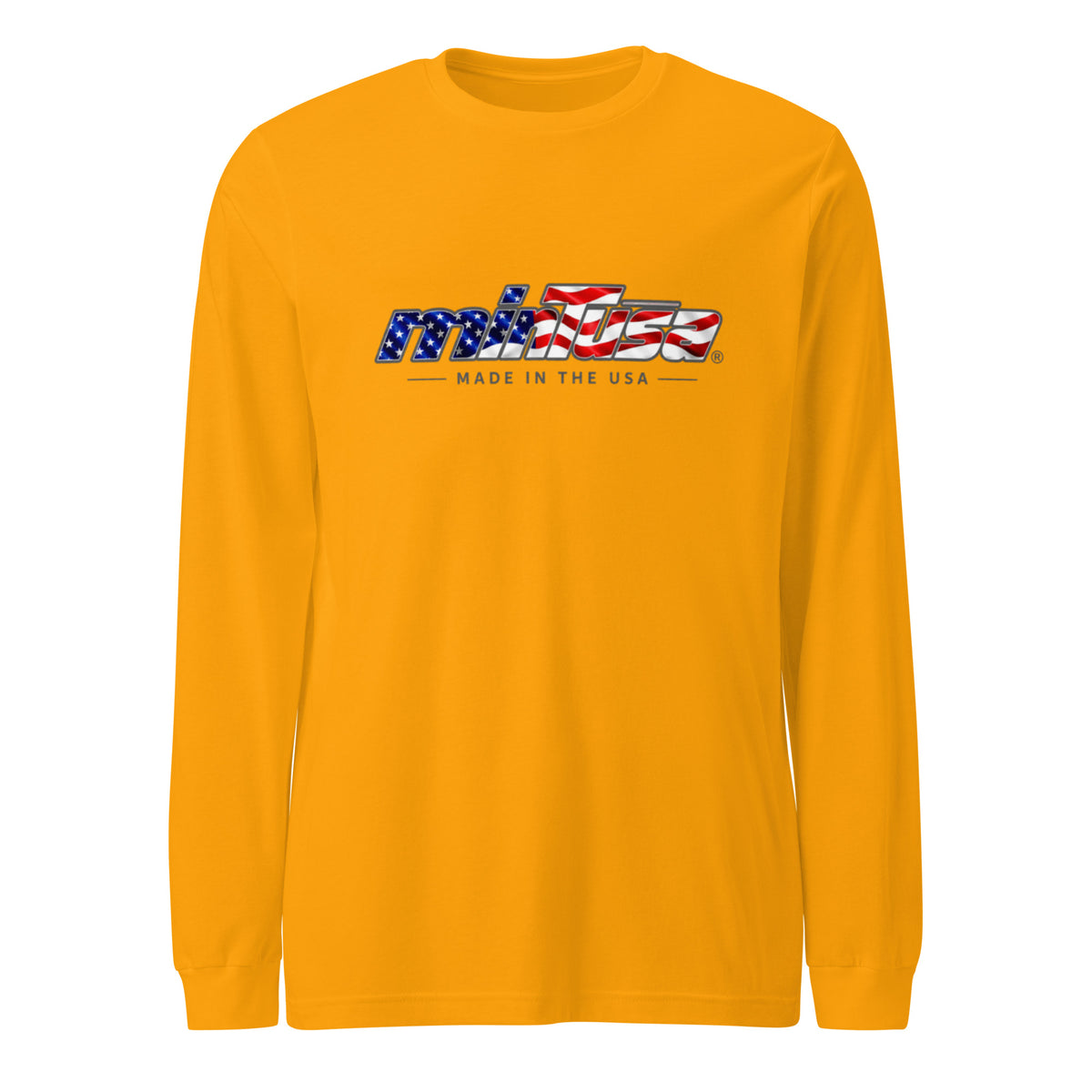 minTusa Star Spangled Unisex Long Sleeve Tee with American-flag wordmark — Gold Front