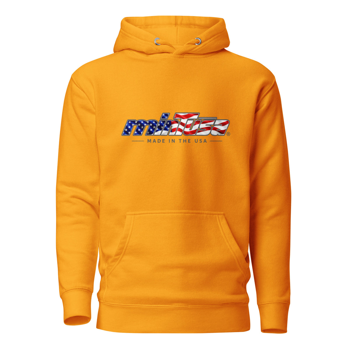 minTusa Star Spangled Unisex Hoodie with American-flag wordmark — Team Gold Front