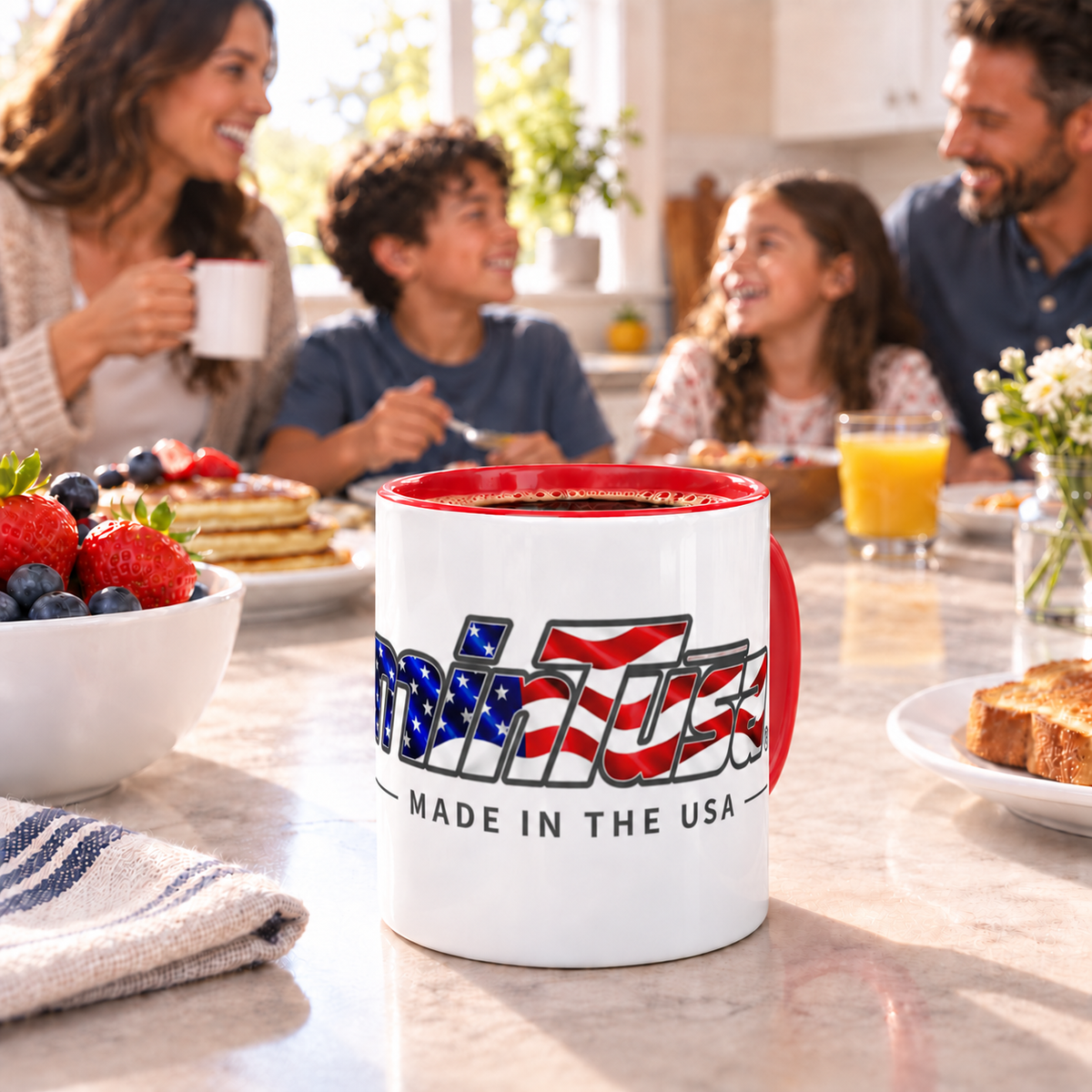 Red minTusa Star Spangled color-accent mug at a bright family breakfast