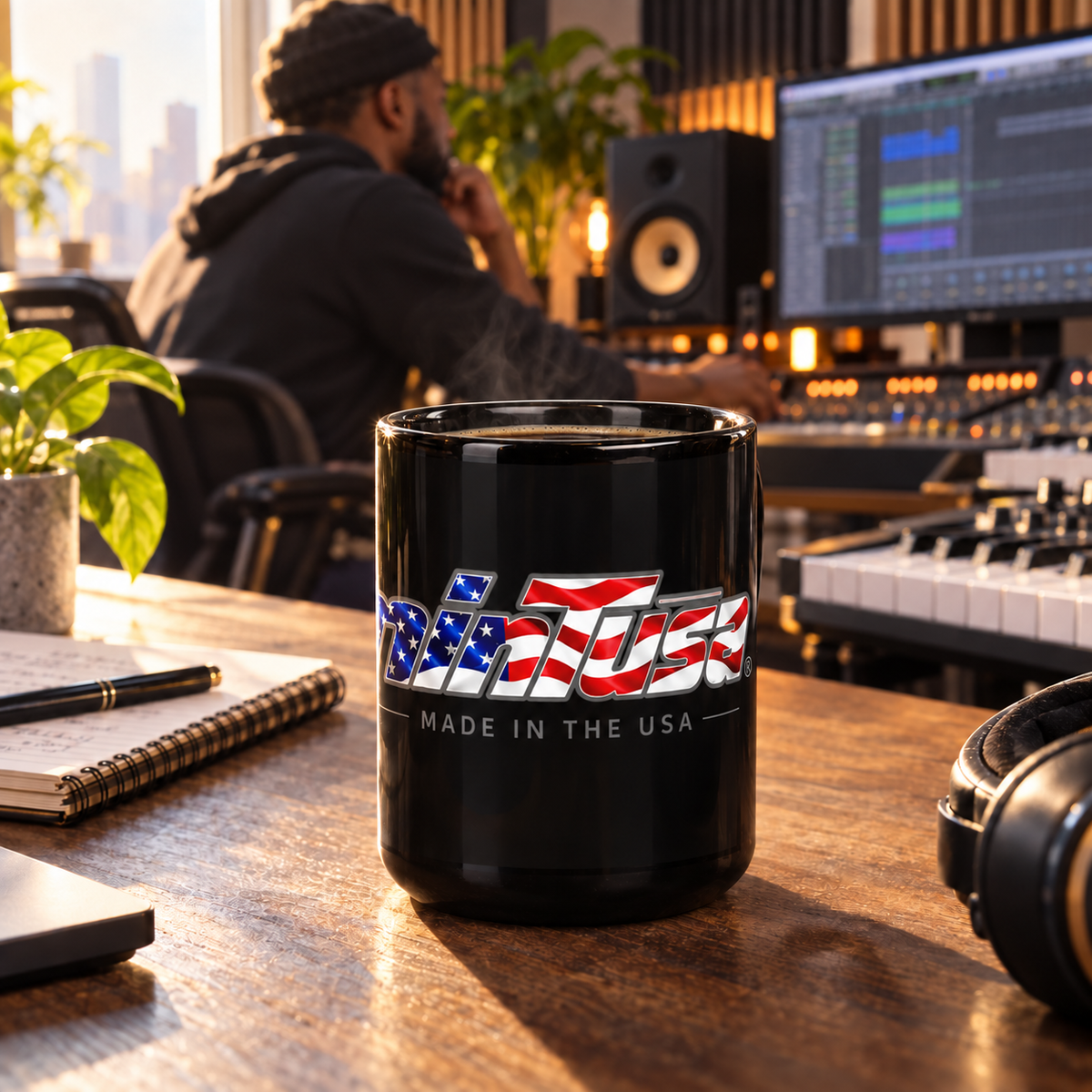 minTusa Star Spangled black 15 oz mug in a creative studio