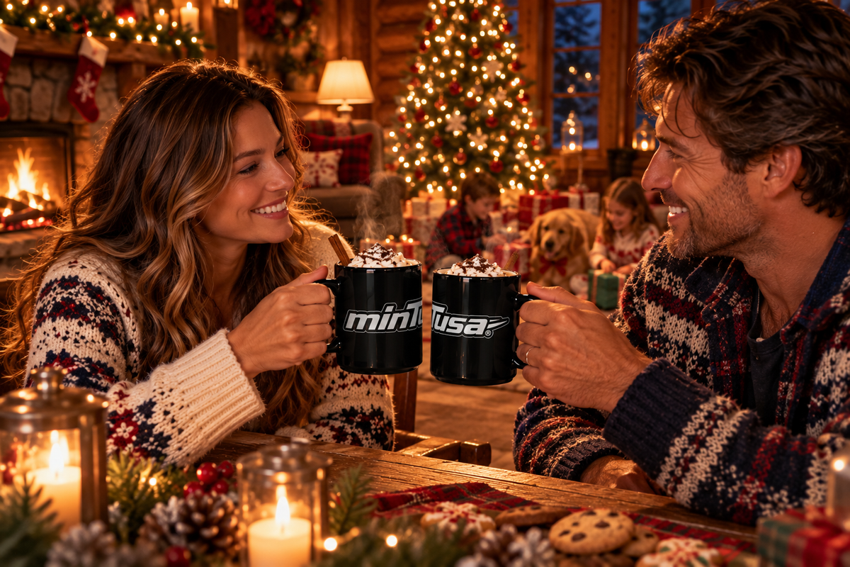 A smiling couple in cozy holiday sweaters toasting with two black glossy minTusa mugs of cocoa in a log cabin with a lit Christmas tree and fireplace; the wordmark continues across the two mugs