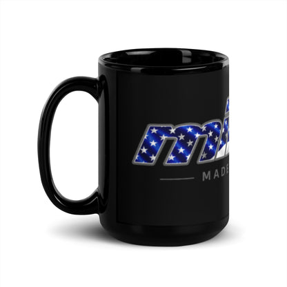 minTusa Star Spangled Black Glossy 15 oz Mug with American-flag wordmark — Black 15 Oz Handle On Left