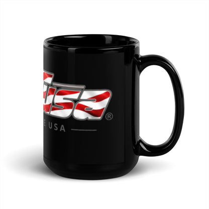 minTusa Star Spangled Black Glossy 15 oz Mug with American-flag wordmark — Black 15 Oz Handle On Right