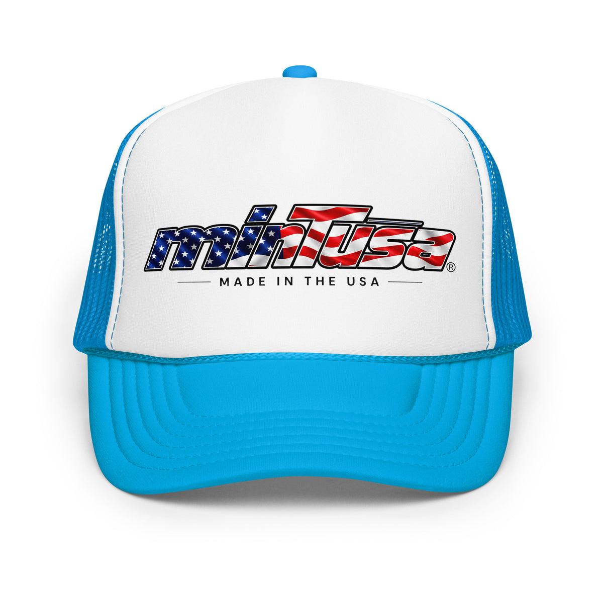 minTusa Star Spangled Foam Trucker Hat with American-flag wordmark — Blue White Blue One Size Front