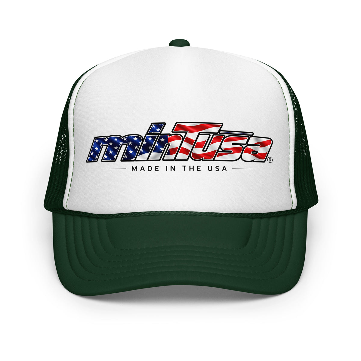 minTusa Star Spangled Foam Trucker Hat with American-flag wordmark — Dark Green White Dark Green One Size Front