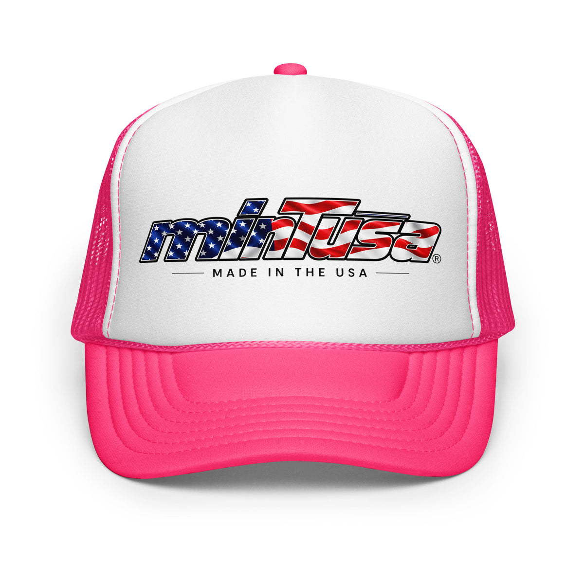 minTusa Star Spangled Foam Trucker Hat with American-flag wordmark — Hot Pink White Hot Pink One Size Front