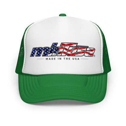 minTusa Star Spangled Foam Trucker Hat with American-flag wordmark — Kelly White Kelly One Size Front