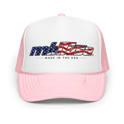 minTusa Star Spangled Foam Trucker Hat with American-flag wordmark — Light Pink White Light Pink One Size Front