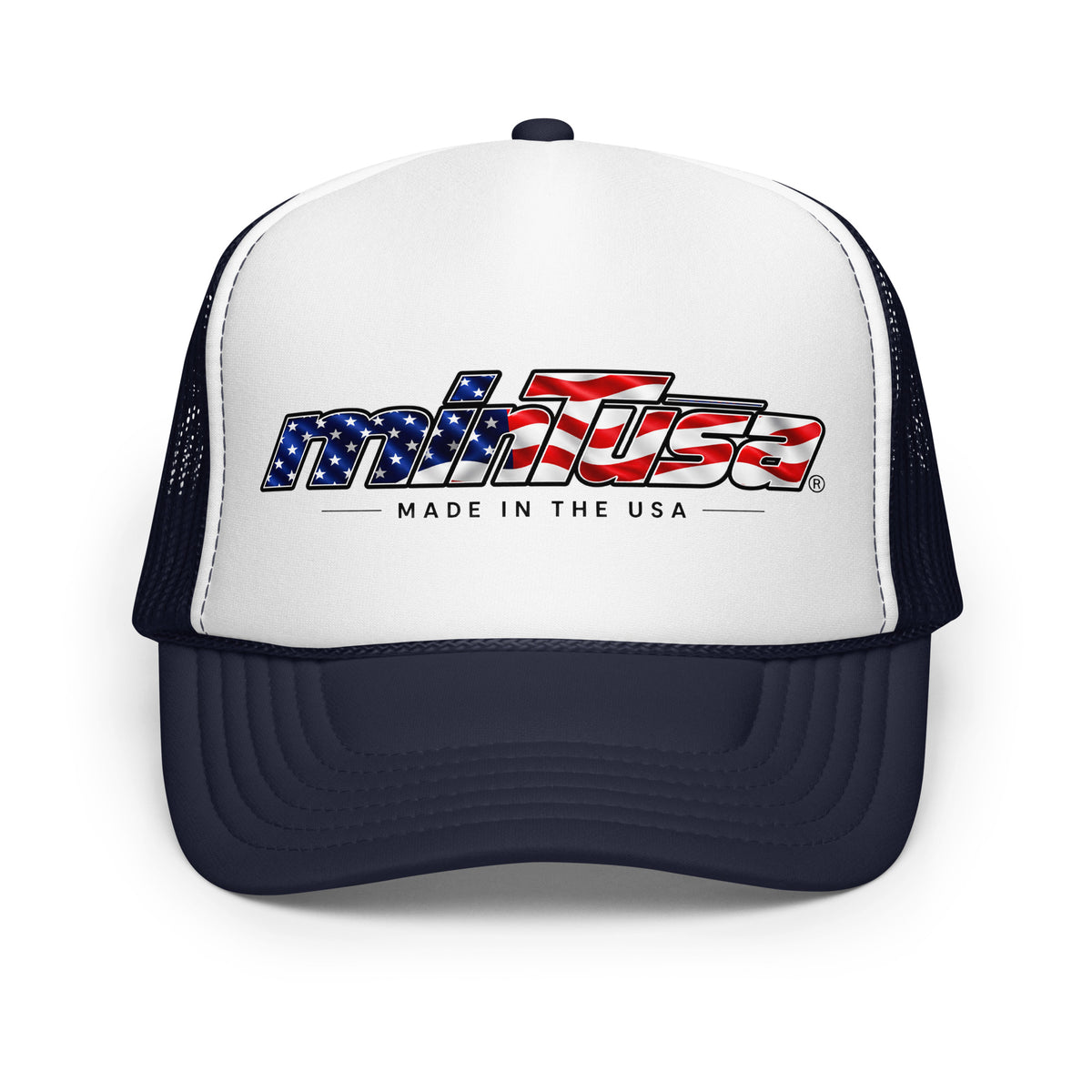 minTusa Star Spangled Foam Trucker Hat with American-flag wordmark — Navy White Navy One Size Front