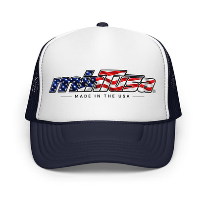 minTusa Star Spangled Foam Trucker Hat with American-flag wordmark — Navy White Navy One Size Front