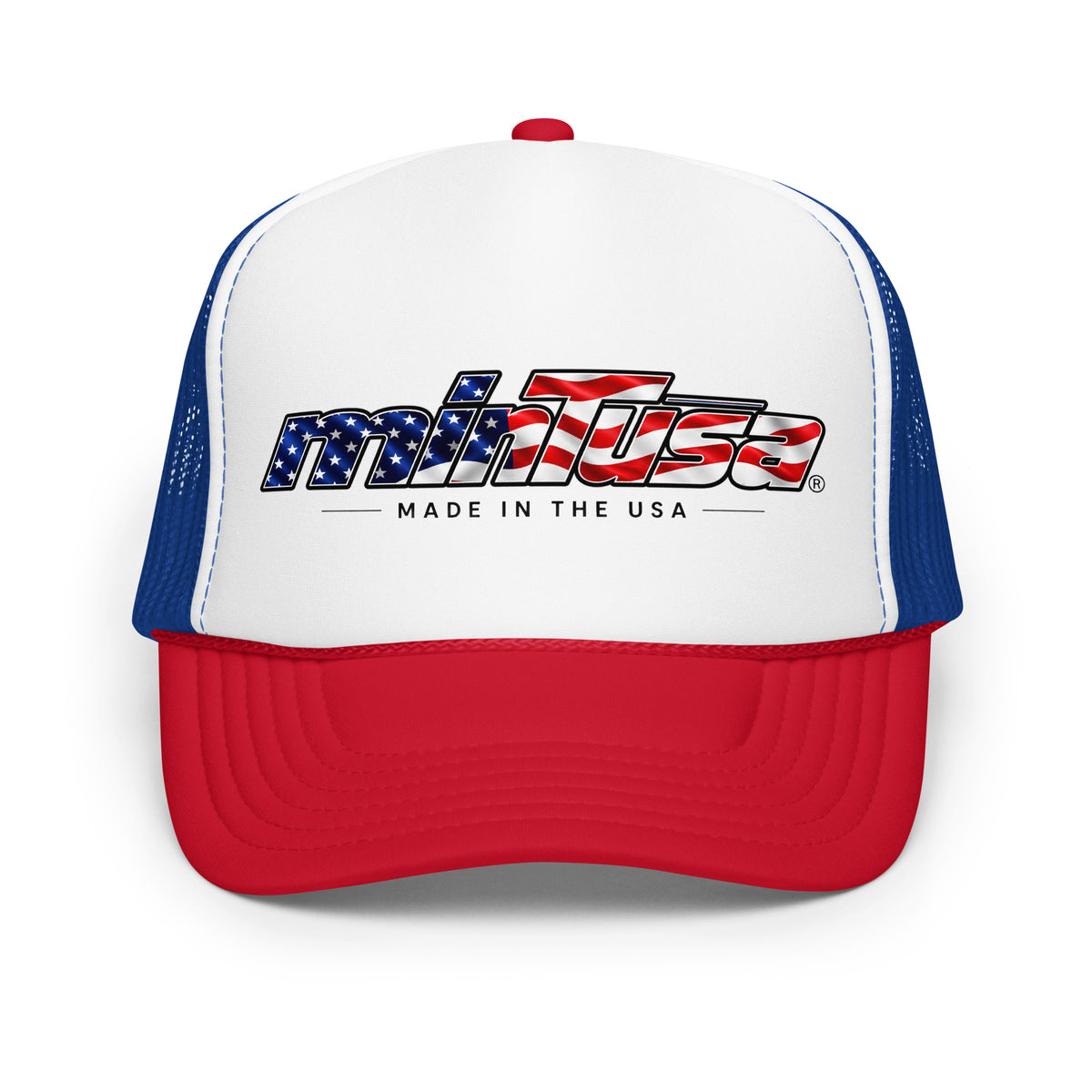 minTusa Star Spangled Foam Trucker Hat with American-flag wordmark — Red White Royal One Size Front