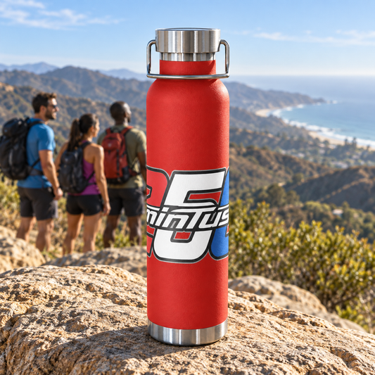 minTusa Celebrate 250 red insulated bottle at a California coastal hiking overlook