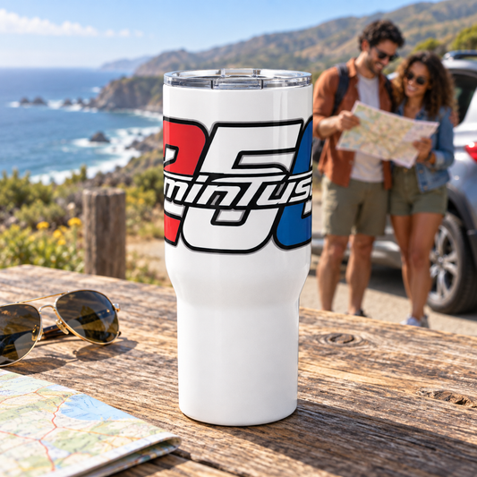 minTusa Celebrate 250 travel mug at a California coastal road-trip stop