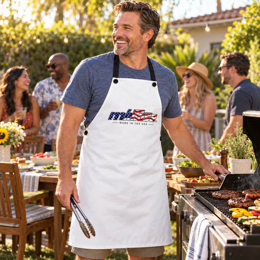 Man wearing the minTusa Star Spangled BBQ apron at a backyard cookout