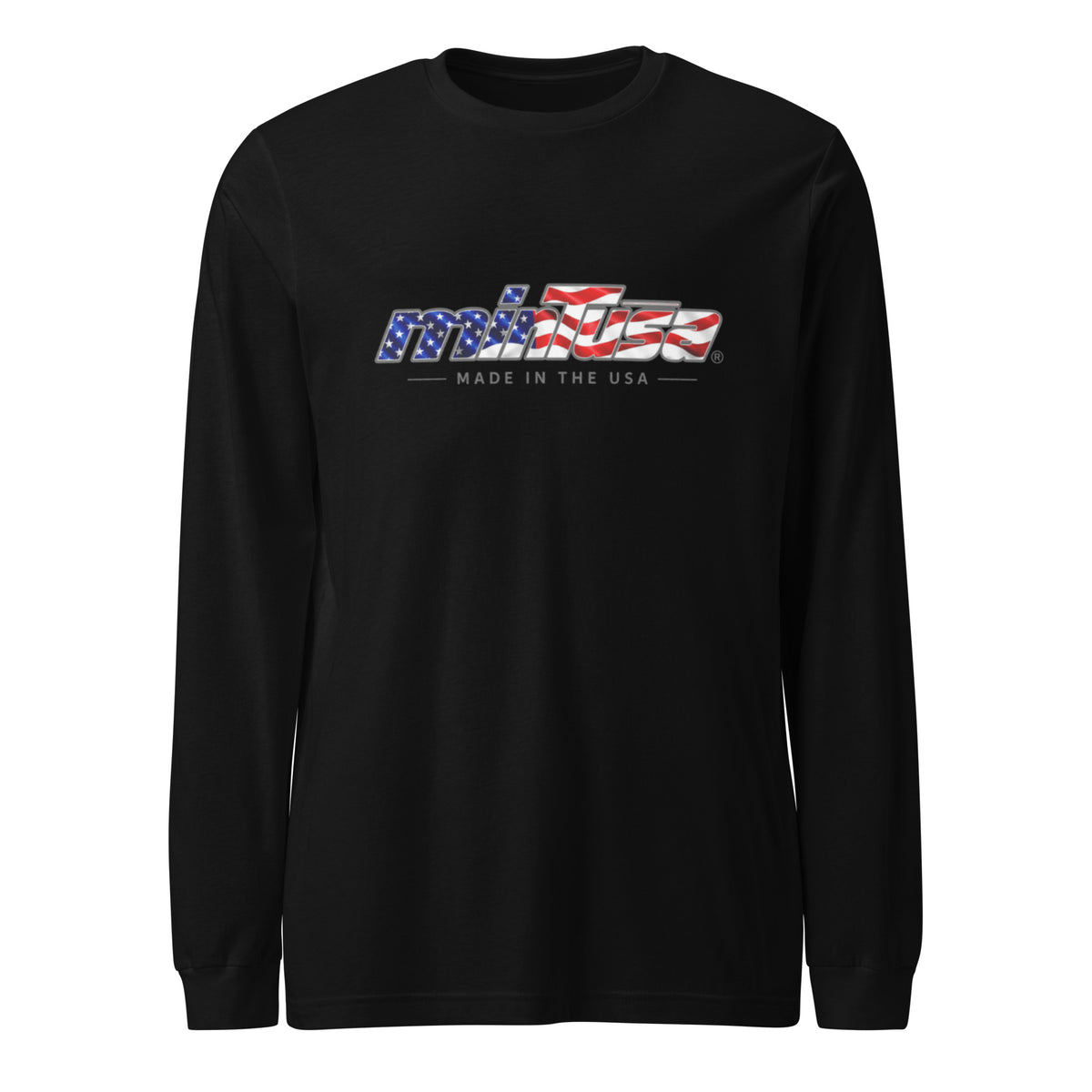 minTusa Star Spangled Unisex Long Sleeve Tee with American-flag wordmark — Black Front