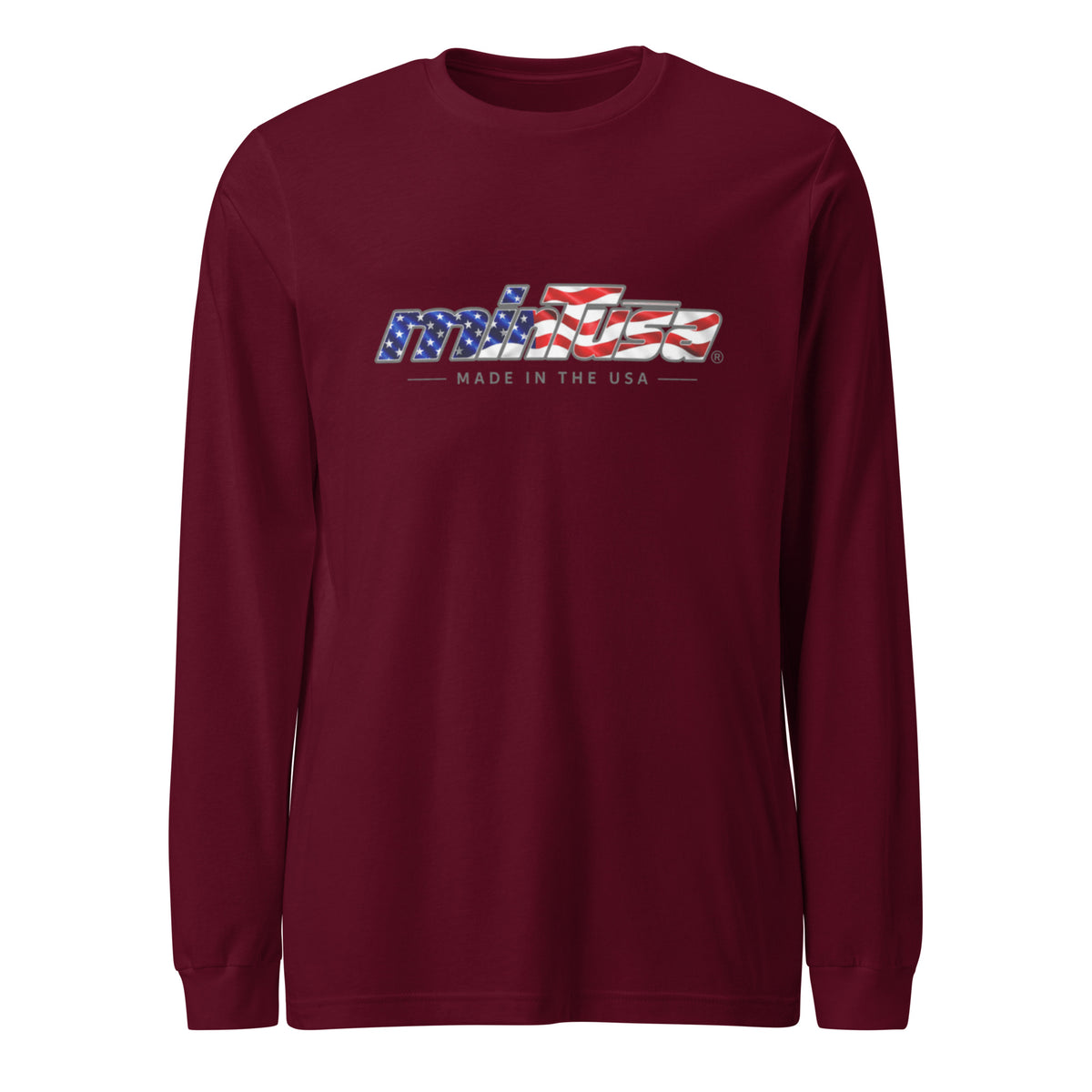 minTusa Star Spangled Unisex Long Sleeve Tee with American-flag wordmark — Maroon Front