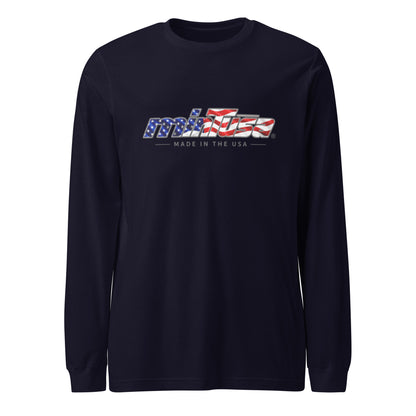 minTusa Star Spangled Unisex Long Sleeve Tee with American-flag wordmark — Navy Front