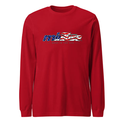minTusa Star Spangled Unisex Long Sleeve Tee with American-flag wordmark — Red Front