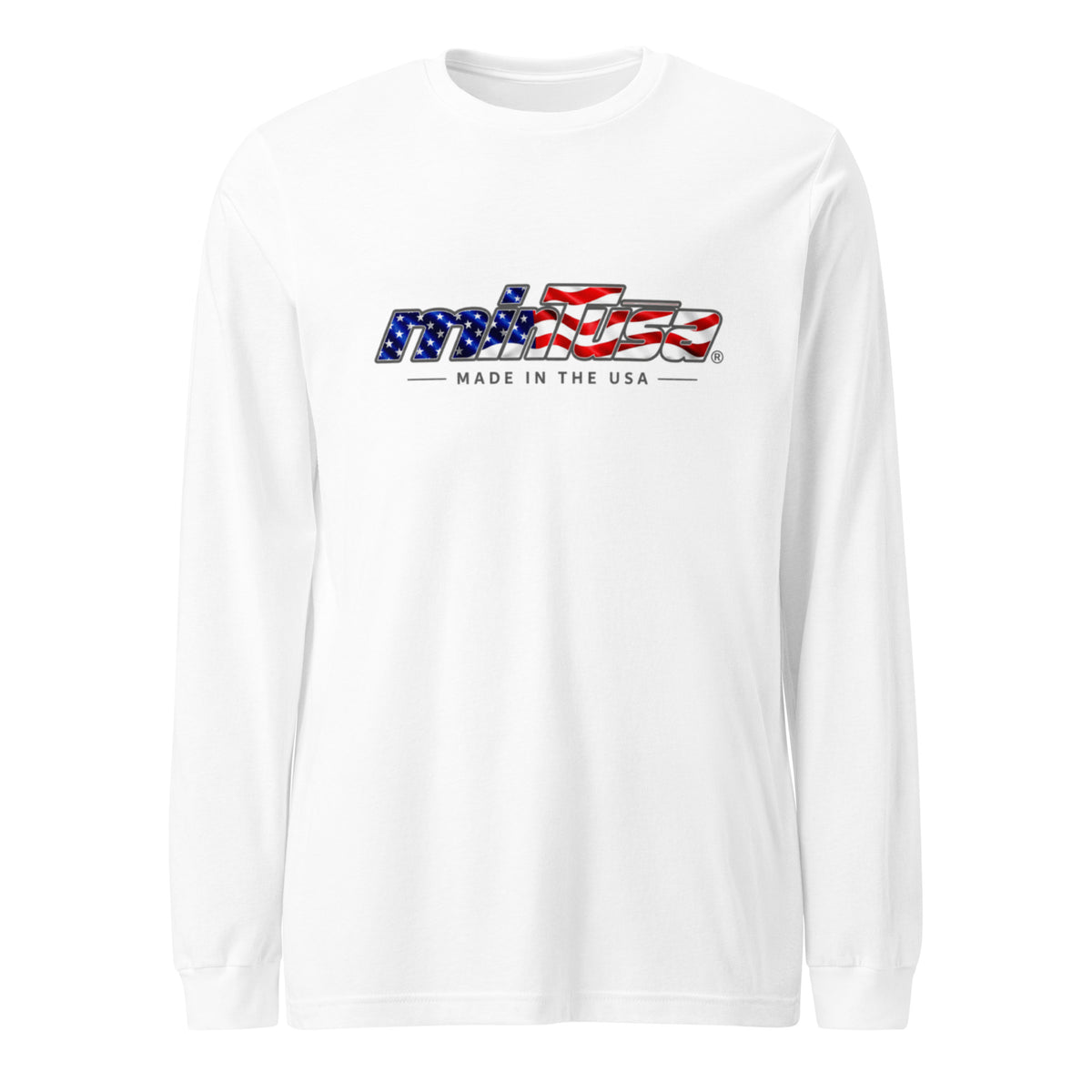 minTusa Star Spangled Unisex Long Sleeve Tee with American-flag wordmark — White Front