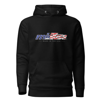 minTusa Star Spangled Unisex Hoodie with American-flag wordmark — Black Front