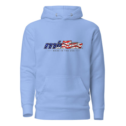 minTusa Star Spangled Unisex Hoodie with American-flag wordmark — Carolina Blue Front