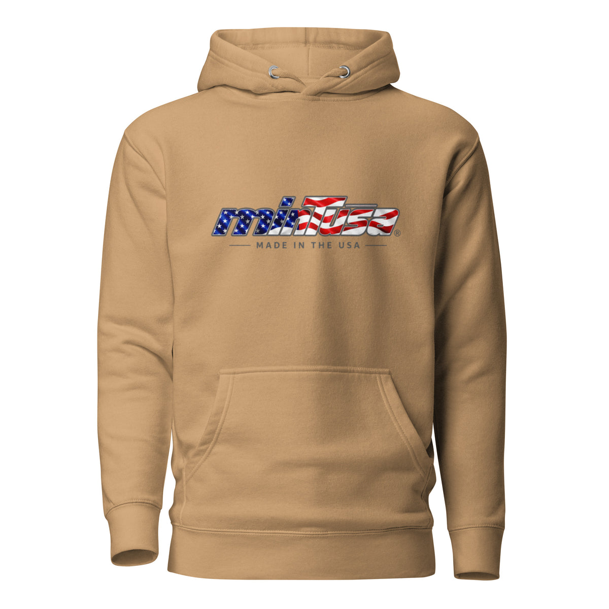 minTusa Star Spangled Unisex Hoodie with American-flag wordmark — Khaki Front