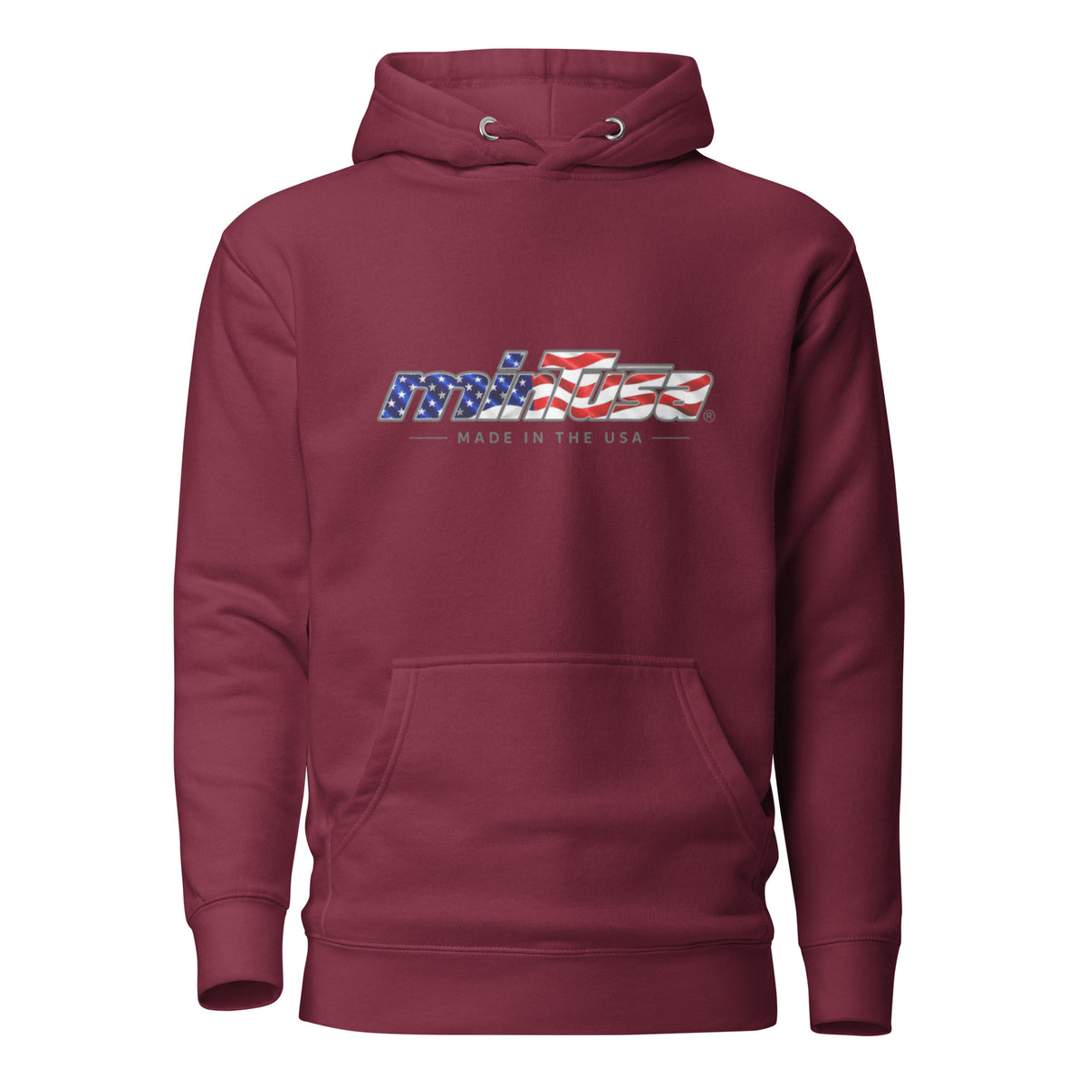 minTusa Star Spangled Unisex Hoodie with American-flag wordmark — Maroon Front