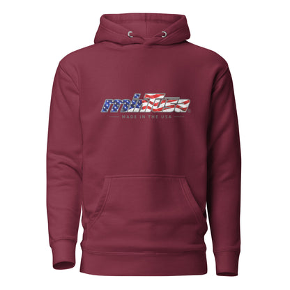 minTusa Star Spangled Unisex Hoodie with American-flag wordmark — Maroon Front