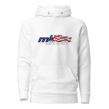 minTusa Star Spangled Unisex Hoodie with American-flag wordmark — White Front