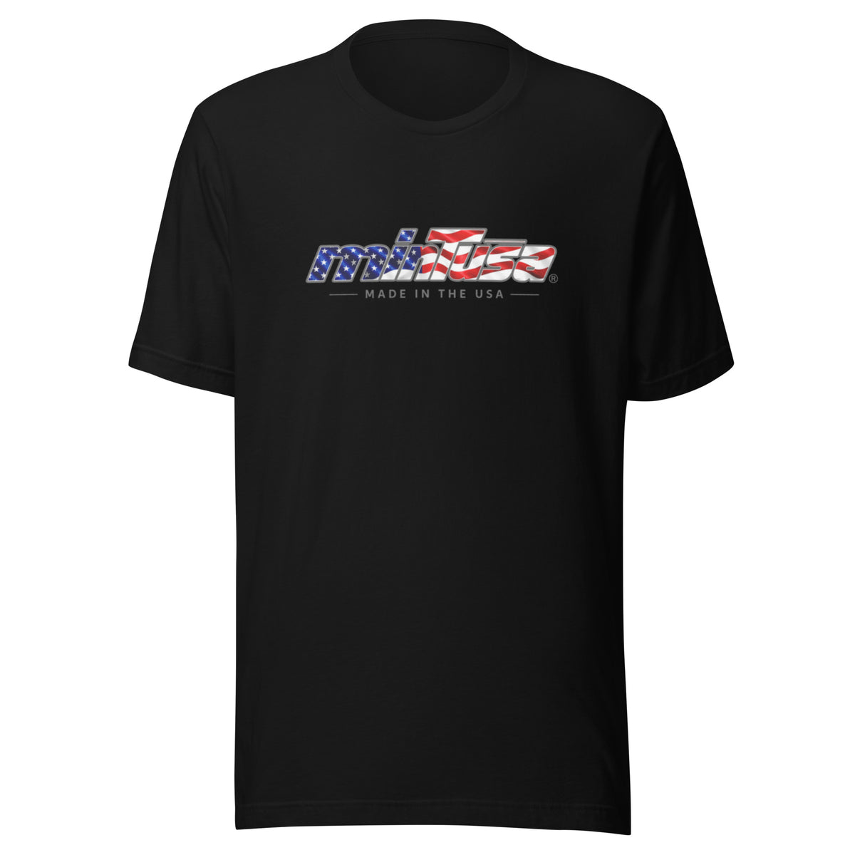 minTusa Star Spangled Unisex T-Shirt with American-flag wordmark — Black Front