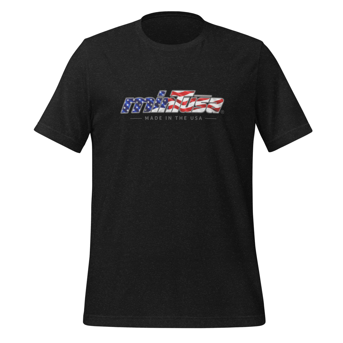 minTusa Star Spangled Unisex T-Shirt with American-flag wordmark — Black Heather Front