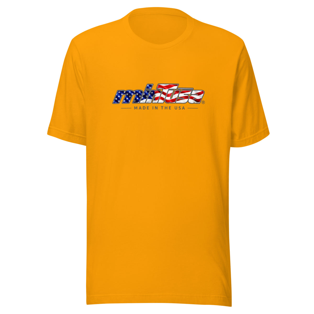 minTusa Star Spangled Unisex T-Shirt with American-flag wordmark — Gold Front