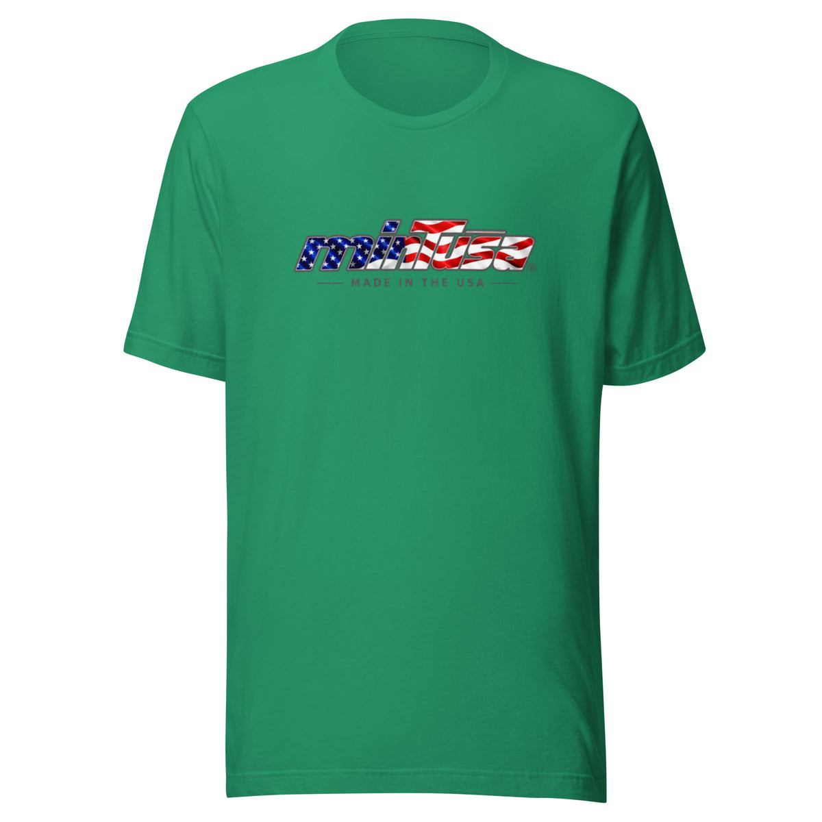 minTusa Star Spangled Unisex T-Shirt with American-flag wordmark — Kelly Front