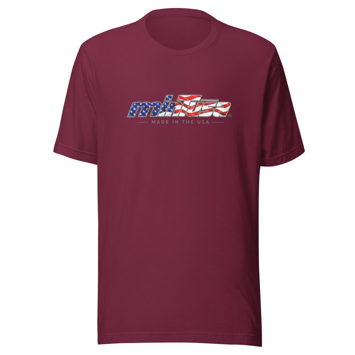 minTusa Star Spangled Unisex T-Shirt with American-flag wordmark — Maroon Front