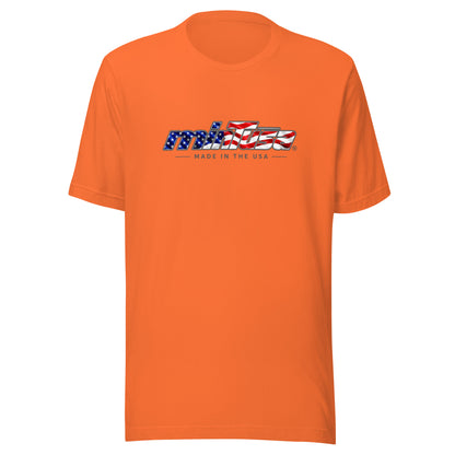 minTusa Star Spangled Unisex T-Shirt with American-flag wordmark — Orange Front