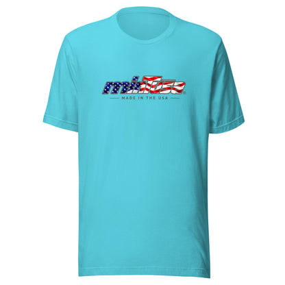 minTusa Star Spangled Unisex T-Shirt with American-flag wordmark — Turquoise Front