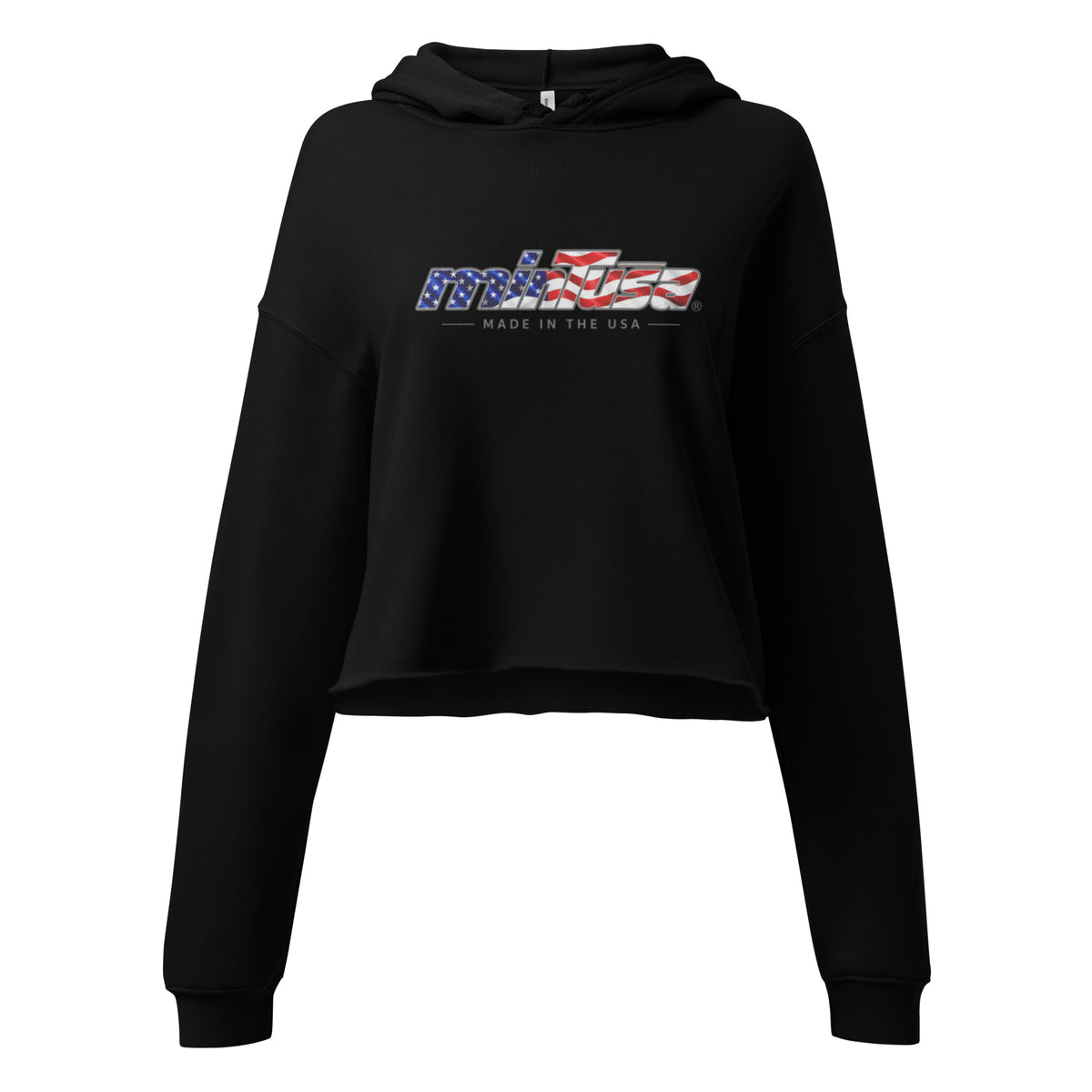 minTusa Star Spangled Women’s Crop Hoodie with American-flag wordmark — Black Front
